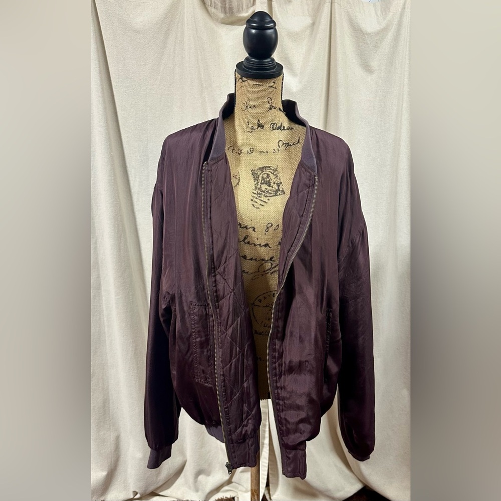 80s Vintage Dark Brown 100% Silk Bomber Jacket